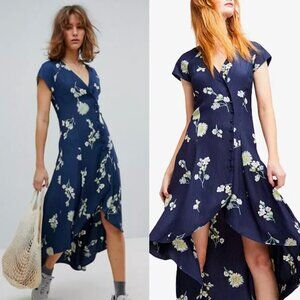 ☀️ FREE PEOPLE Lost In You Floral Print Hi-Low Midi Dress Navy Blue Small Cute
